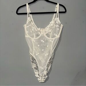 Vintage Sheer Lace Bodysuit Floral Embroidered Open Back Lingerie Teddy